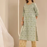 Green Printed Silk Straight Kurta