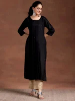 Black Woven Design Rayon Straight Kurta - Image 2