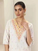 Off White Embroidered Cotton Straight Kurta - Image 2