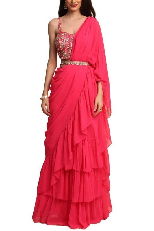 41ObeP424XL.jpg Women's frill ruffle ready to wear saree for wedding mehandi party diwali haldi reception navratra gift - Image 1