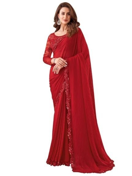 Women's Self Woven, Lace Georgette Saree with Unstitched Blouse