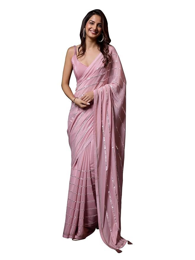 71FQ4L7wLXL._SY879_.jpg Women's Silk Sequins Embroidery Stripted Saree with Blouse Piece - Image 1